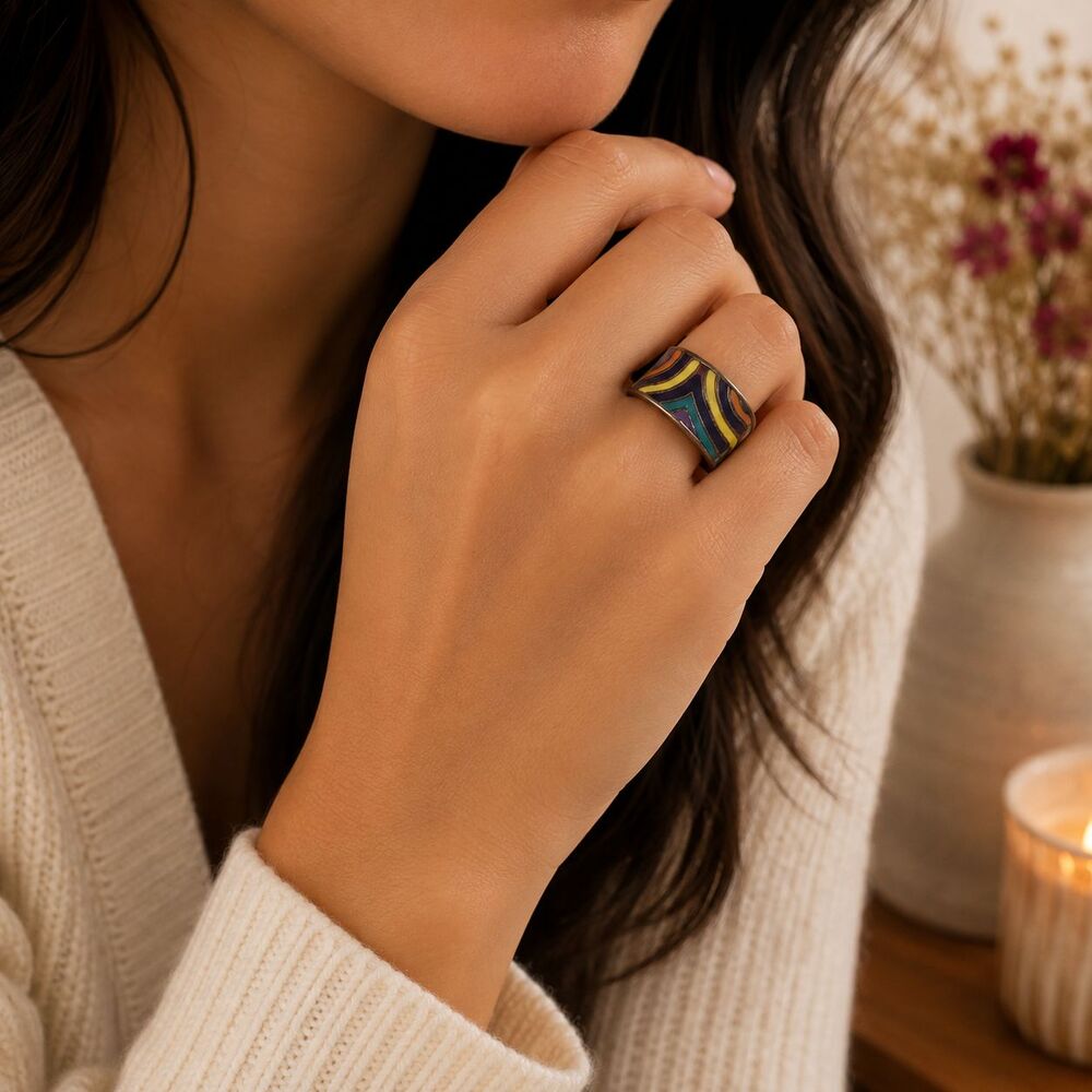 Multicolor Enamel Chevron Band Ring Brass Wide Boho Fashion Womens Size 8
